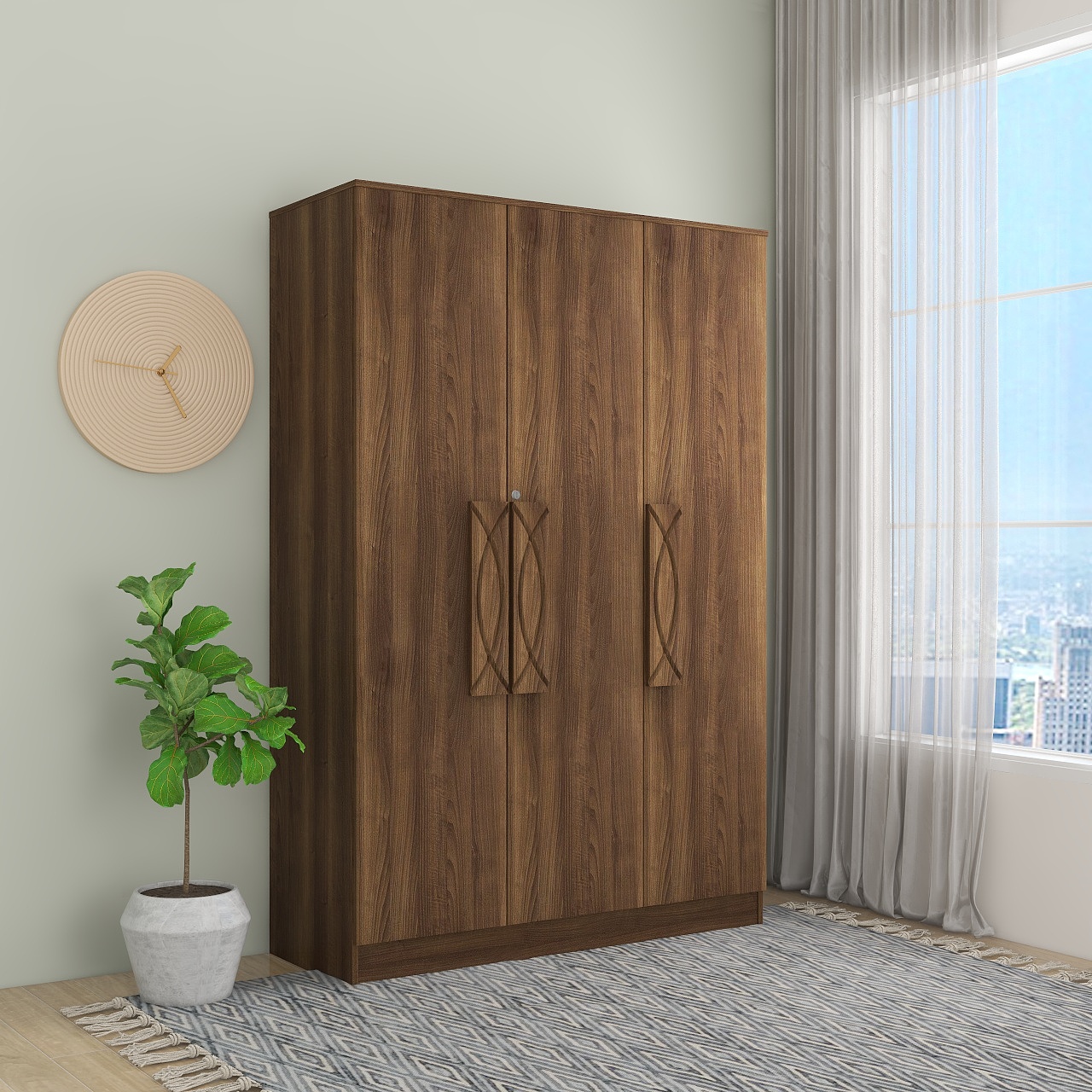 Kallone 3 Door Wardrobe Walnut With Solidwood Handle